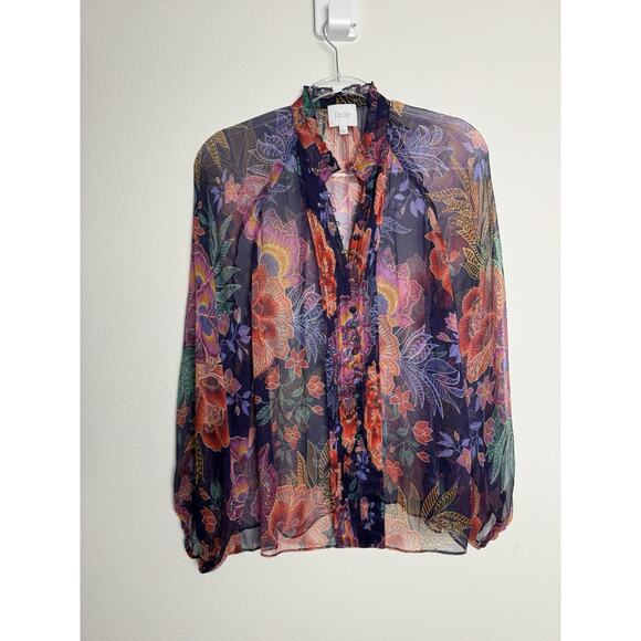 Johnny Was Jade Octavia Floral Silk Blouse Womens Large Oriental Semi Sheer - Picture 10 of 16